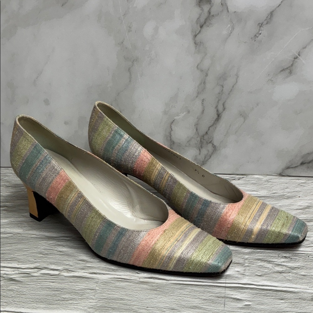 Stuart Weitzman Multicolor Pastel Tweed Gold Heel Pumps Size 9.5